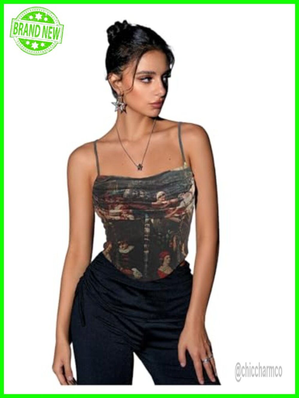 Women's Renaissance Graphic Crop Cami Top Sleeveless Y2K Asymmetrical Hem